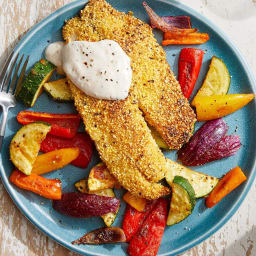 Cornmeal-Crusted Tilapia with Roasted Vegetables & Garlic Yogurt