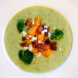 Cream of Broccoli Soup with Butternut Squash, Pancetta and Feta