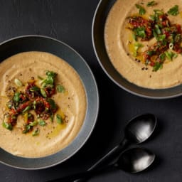 Creamy Cauliflower Soup With Harissa Tomatoes