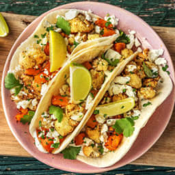 Crispy Cauliflower and Squash Tacos with Yogurt Crema and a Chili Honey Dri