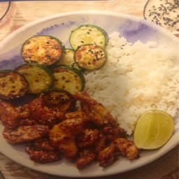 Crispy Cumin-Sichuan Chicken with Sesame Zucchini & Rice