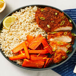 Crispy Parmesan Chicken with Garlic Scallion Couscous & Lemony Roasted Carr