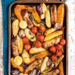 Easy sausage, potato and pepper traybake