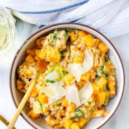 Farro Risotto with Butternut Squash, Greens, and Truffle Oil