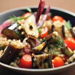 Farro Salad with Grilled Eggplant, Tomatoes and Onion