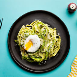 Fettuccine with Asparagus, Beet Green Pesto, and Poached Egg