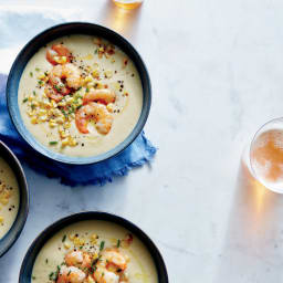 Fresh Corn and Potato Soup with Sauteed Shrimp