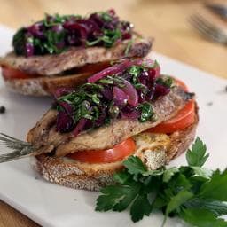 Fresh sardines on toast with sweet pickled red onion