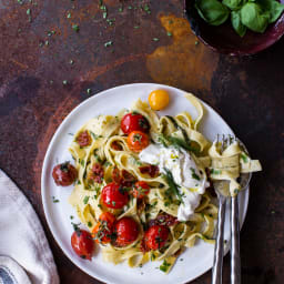 Garlic and Herb Roasted Cherry Tomato Carbonara w/Crispy Prosciutto + Burra