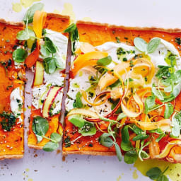 Gluten-free caramelised carrot tart with carrot-top salsa verde