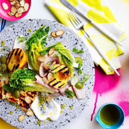 Grilled haloumi, peach, ham and mint salad