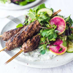 Grilled Lamb Kebabs with herb Salad and Yogurt Sauce