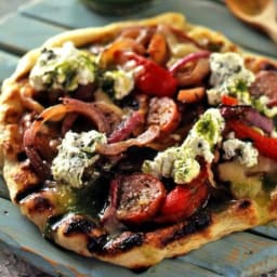 Grilled Pizza with Hot Sausage, Grilled Peppers and Onions and Oregano Rico