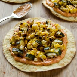 Grilled Zucchini & Corn Tostadas with Spicy Hummus