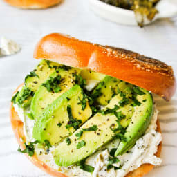 hatch chile cream cheese + avocado bagel sandwich