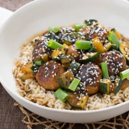 Hoisin-Glazed Chicken Meatballswith Zucchini and Brown Rice
