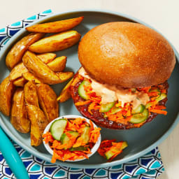 Hoisin Pork Burgers with Sesame Cucumber-Carrot Slaw, Sriracha Mayo, and Po