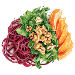 “Inspiralized” Beet Pasta with Oranges, Honey Walnuts and Crispy Kale