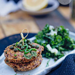 Lemon Dill Salmon Cakes w/ Garlic Kale & Capers - AP