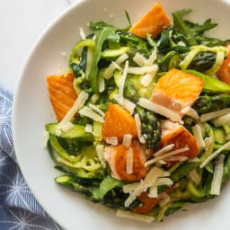 Lemony Pesto Zoodles with Asparagus and Salmon