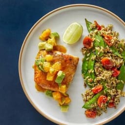 Mango Chutney-Glazed Yellowtail with Avocado Salsa & Cilantro Red Rice 