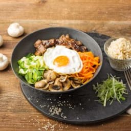 Marinated Steak Bibimbap with Shaved Vegetables, Crispy Mushrooms, and Pick