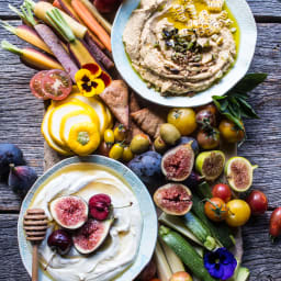 Market Veggie Board with Roasted Corn Jalapeno Hummus + Honey Whipped Goat 