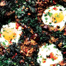 Mushroom Paella with Kale and Eggs