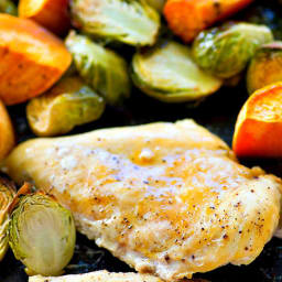 One-Pan Maple Roast Chicken with Sweet Potatoes + Brussels Sprouts