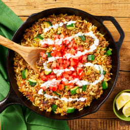 One-Pan Turkey & Rice Skillet with Zucchini, Marinated Tomato & Lemon Garli