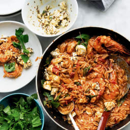 Orzo with Prawns, tomato and marinated feta