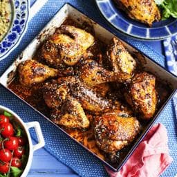 Oven-roasted chicken with sumac, pomegranate molasses, chilli and sesame se