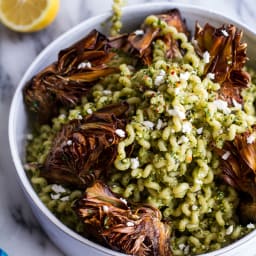 Pan Fried Lemony Artichokes with Asparagus Pistachio Pesto Pasta.