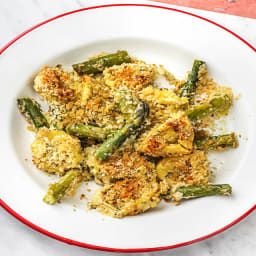 Pesto Tortelloni Bake with Asparagus and Parmesan Gratin Crust