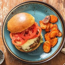 Pesto Turkey Burgers with Melty Mozzarella and Lemony Roasted Carrots on th