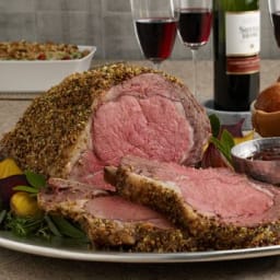 Pistachio-Crusted Beef Rib Roast with Holiday Wine Sauce