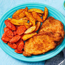 Pork Schnitzel with Roasted Veggies & a Creamy Mustard Dipper