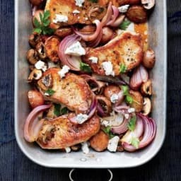 Pork Chops with Balsamic Roasted Vegetables and Gorgonzola