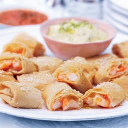 Prawn boreks with fennel mayonnaise and red capsicum, chilli and mint dip