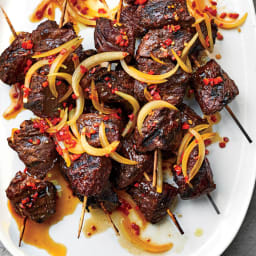 Pulehu Steak Tip Skewers with Maui Onion Finadene Sauce