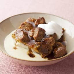 Pumpkin Bread Pudding with Spicy Caramel Apple Sauce and Vanilla Bean Creme