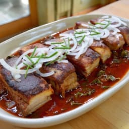 Red-Chile Braised Pork Belly with Greens