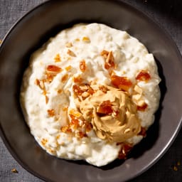Rice Pudding with Caramel Cream and Almond Praline
