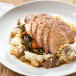 Roast Pork and Mashed Potatowith Molasses-Stewed Collard Greens