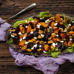 Roasted beet salad with caramelized garlic, walnuts and goat cheese