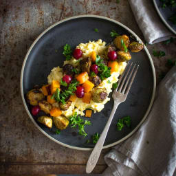 Roasted Brussels and Squash with Creamy Garlic Polenta