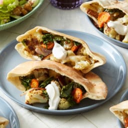 Roasted Cauliflower Pitaswith Feta Cheese and Red Leaf Lettuce Salad