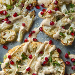 Roasted Cauliflower with Garlic Tahini Sauce and Pomegranate