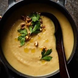 Roasted celeriac soup with hazelnut crumbs