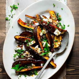 roasted eggplant with pomegranate molasses feta and mint